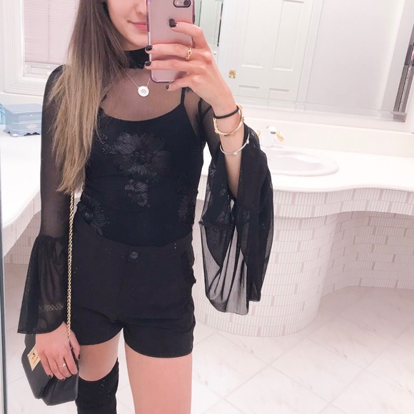 Tops - Black Mesh & Floral Bell Sleeve Bodysuit